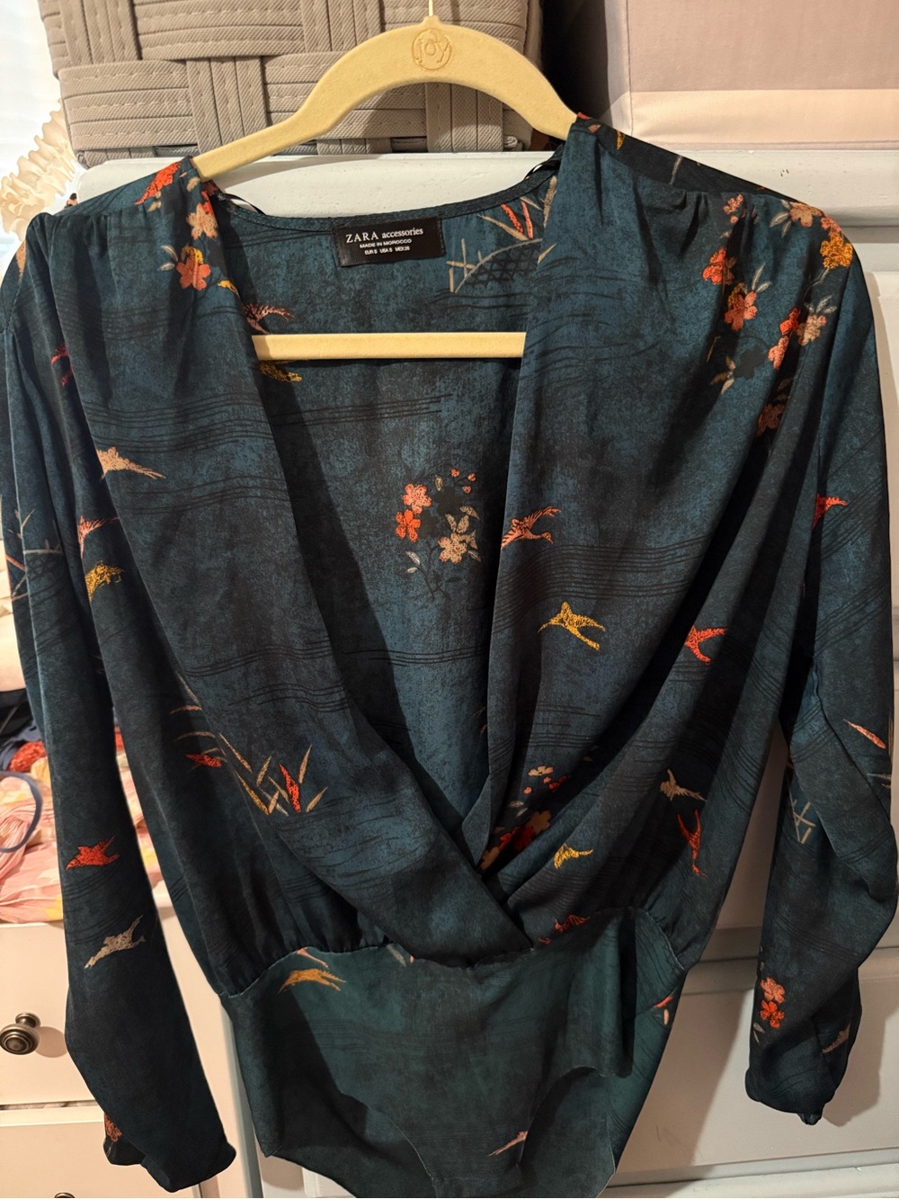 ZARA Teal Floral Print Lightweight Top with Multi-Color Accents